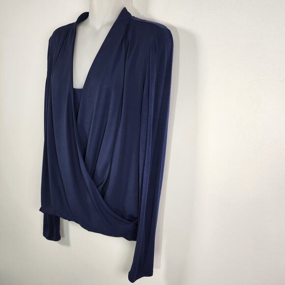 White House Black Market Double Layer Surplice Top Navy Long Sleeves Small Wrap - Picture 4 of 9